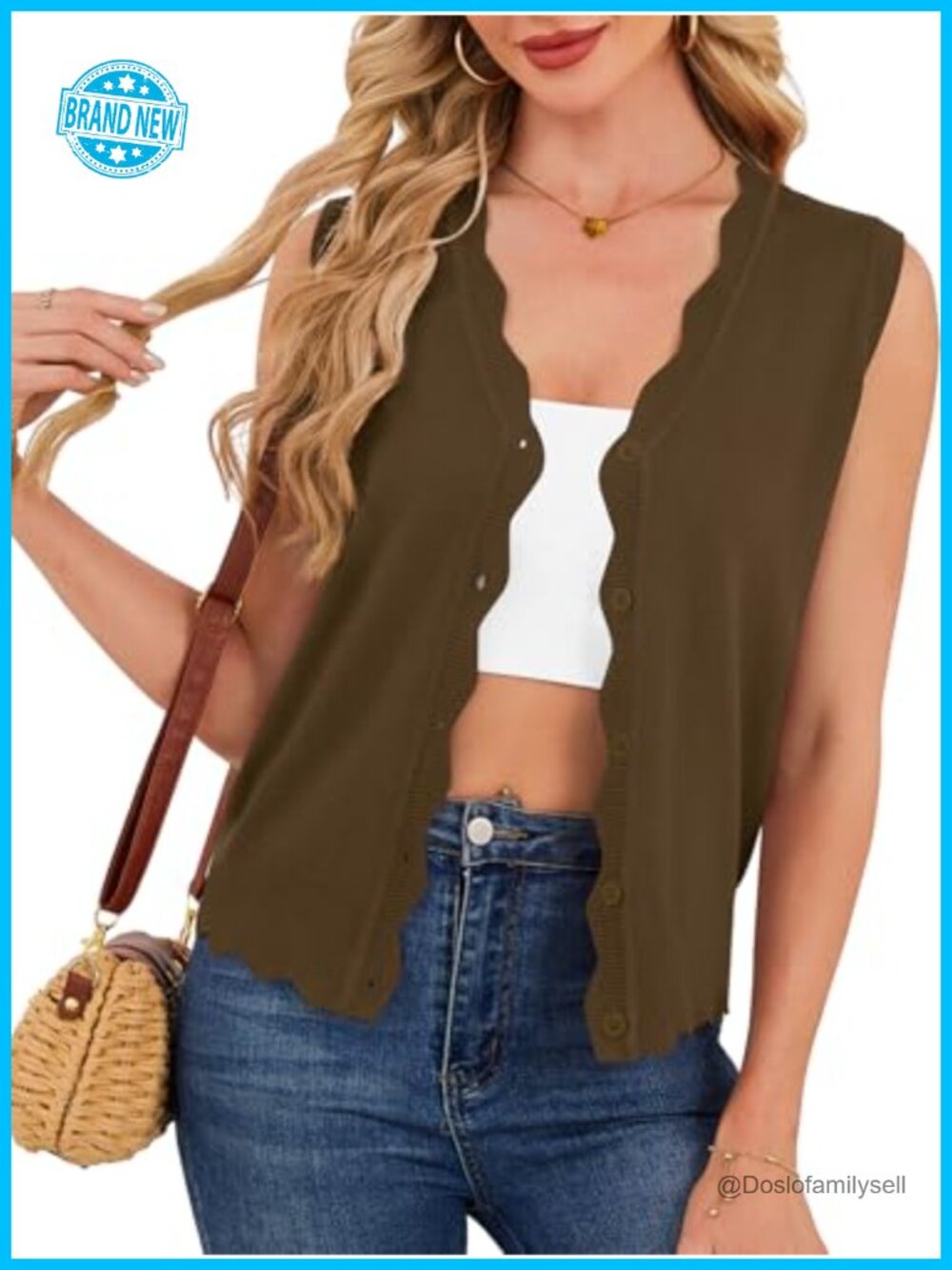 Sleeveless Knit Cardigan Vest V Neck Button Down Scalloped Summer Top